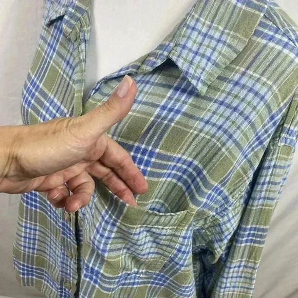 American Eagle Khaki, Blue & Cream Long Sleeve Boxy, Cropped Medium Top Shirt. - Picture 3 of 11